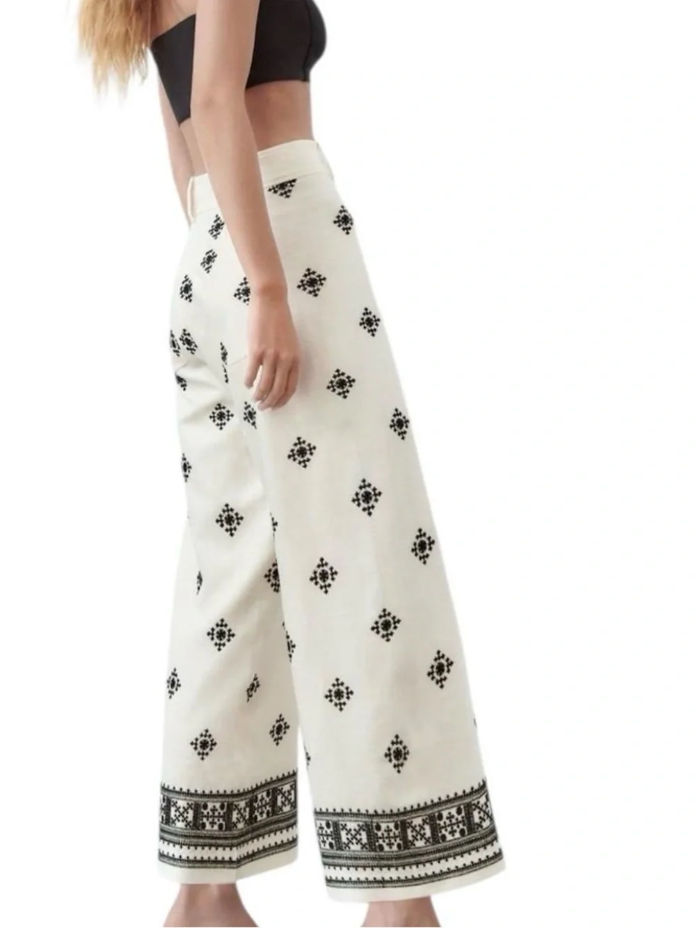 Zara • High-Waist Geometric Print Linen-Blend Cropped Wide-Leg Pants XL
